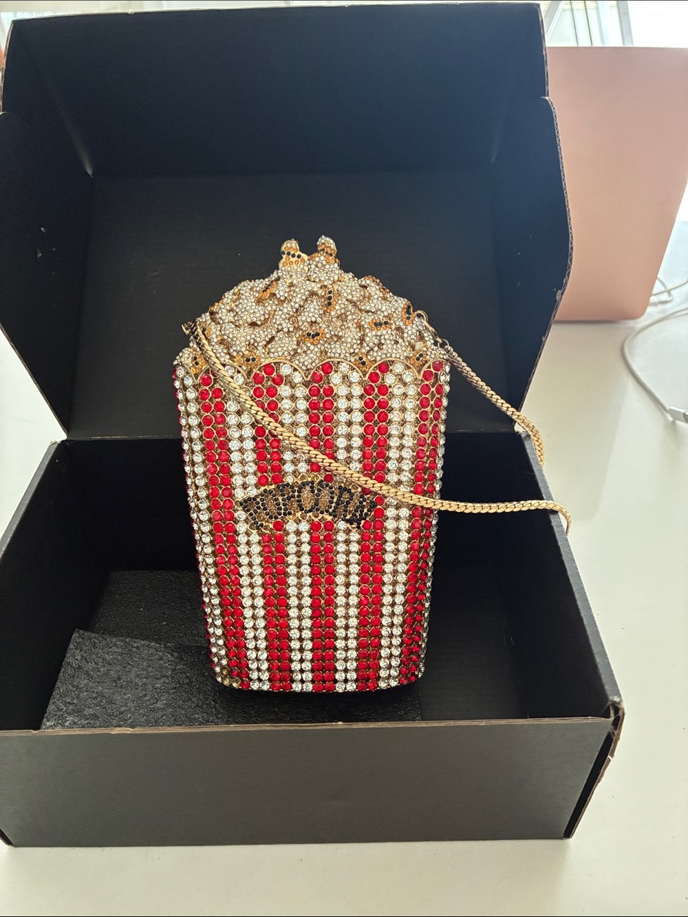 Brand New! Rhinestone Popcorn Mini Hand Bag in Red, White & Gold